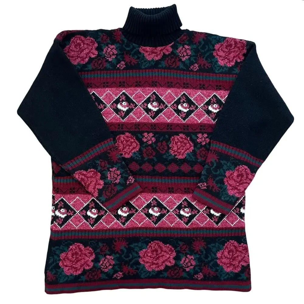 Vintage Cottagecore Turtleneck‎ Sweater Small Rose Floral Tunic Chunky Knit USA